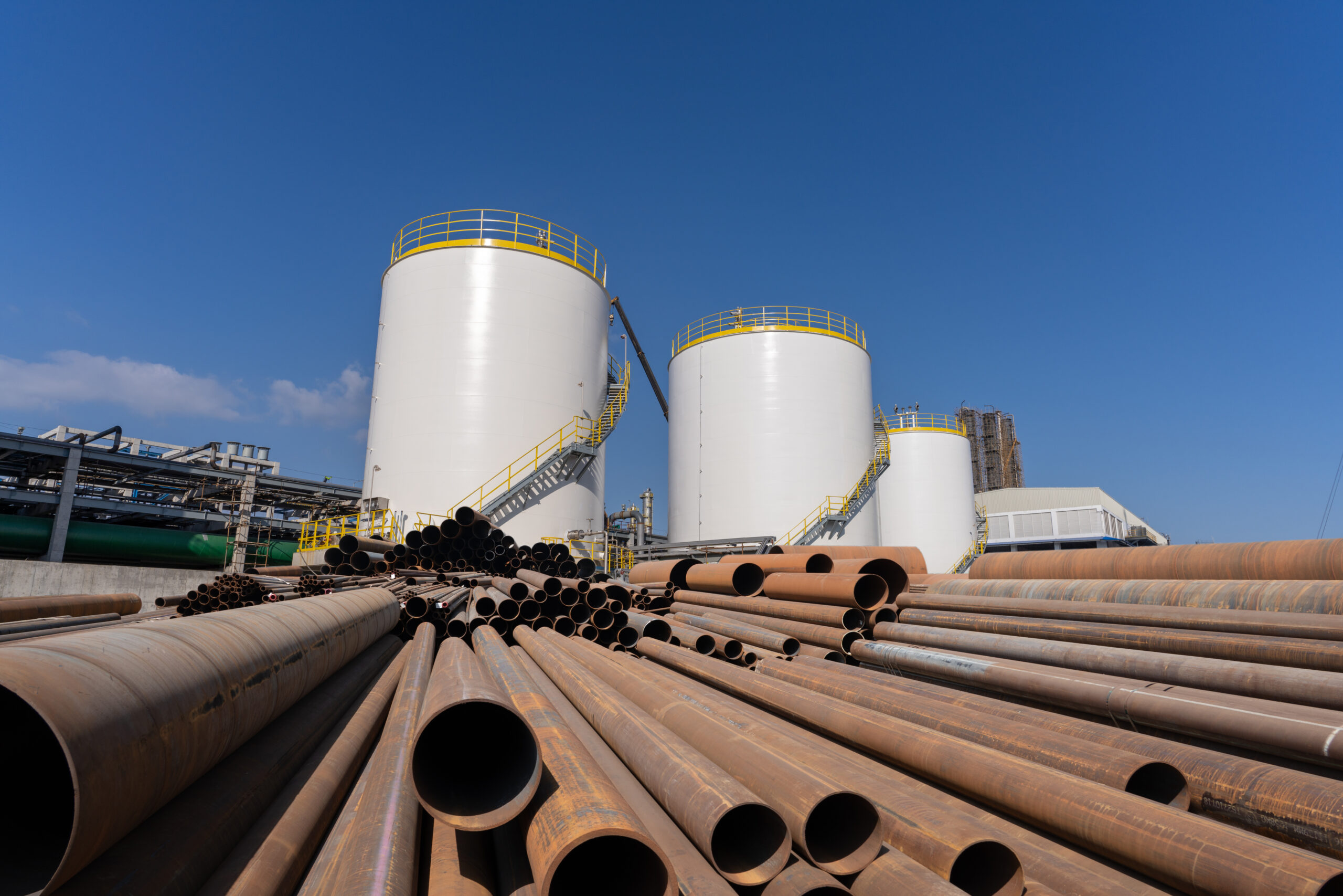 Chemical plant buildings and storage tanks under construction