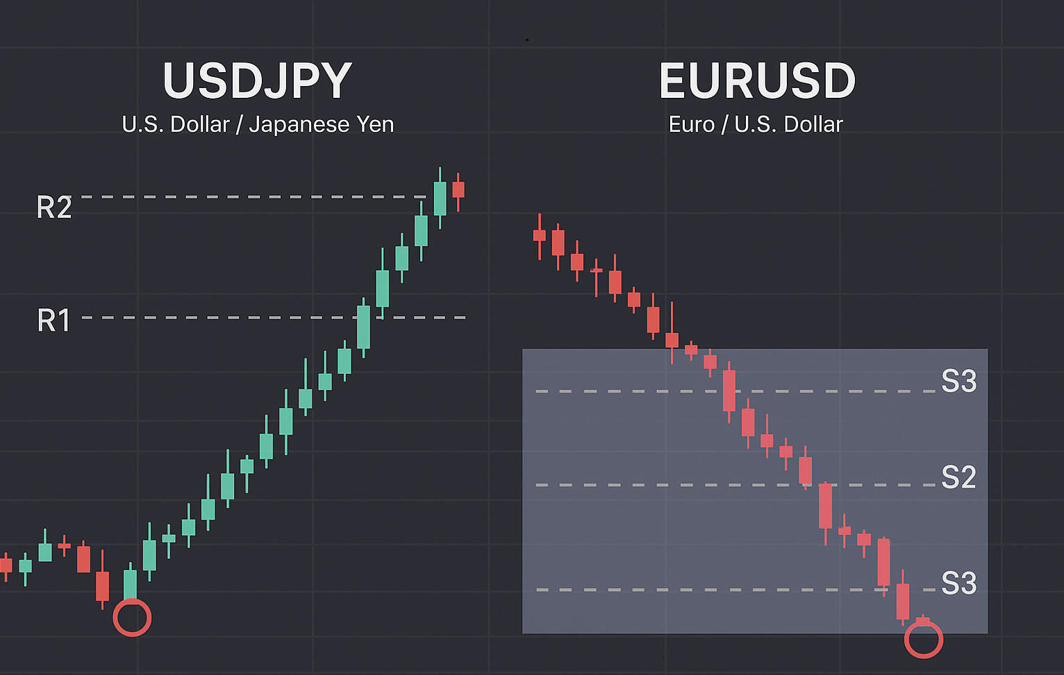 A forex trading strategy chart showing USDJPY and EURUSD with currency strength analysis and pivot breakout entry points.