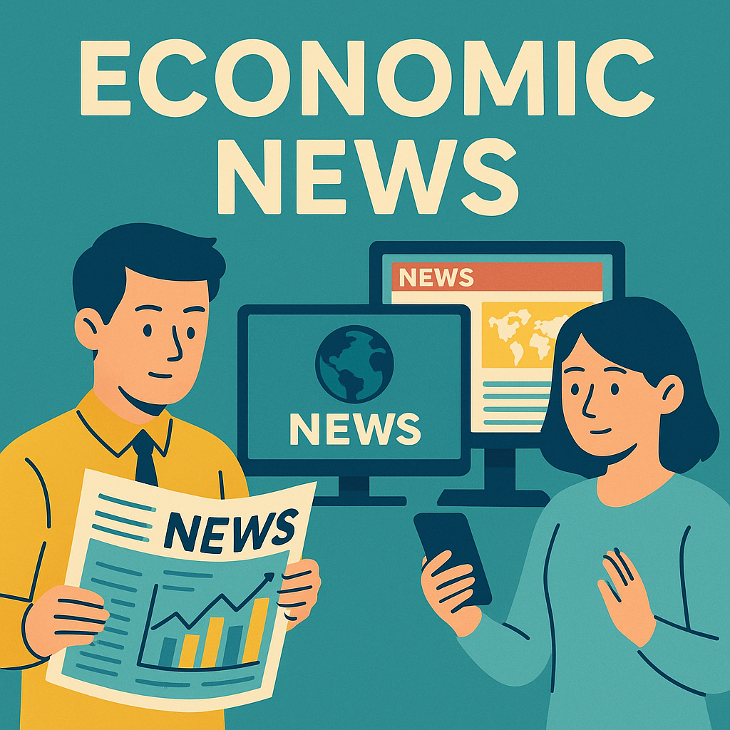 A flat-style digital illustration showing a person watching economic news on TV and checking updates on a smartphone, symbolizing real-time market awareness