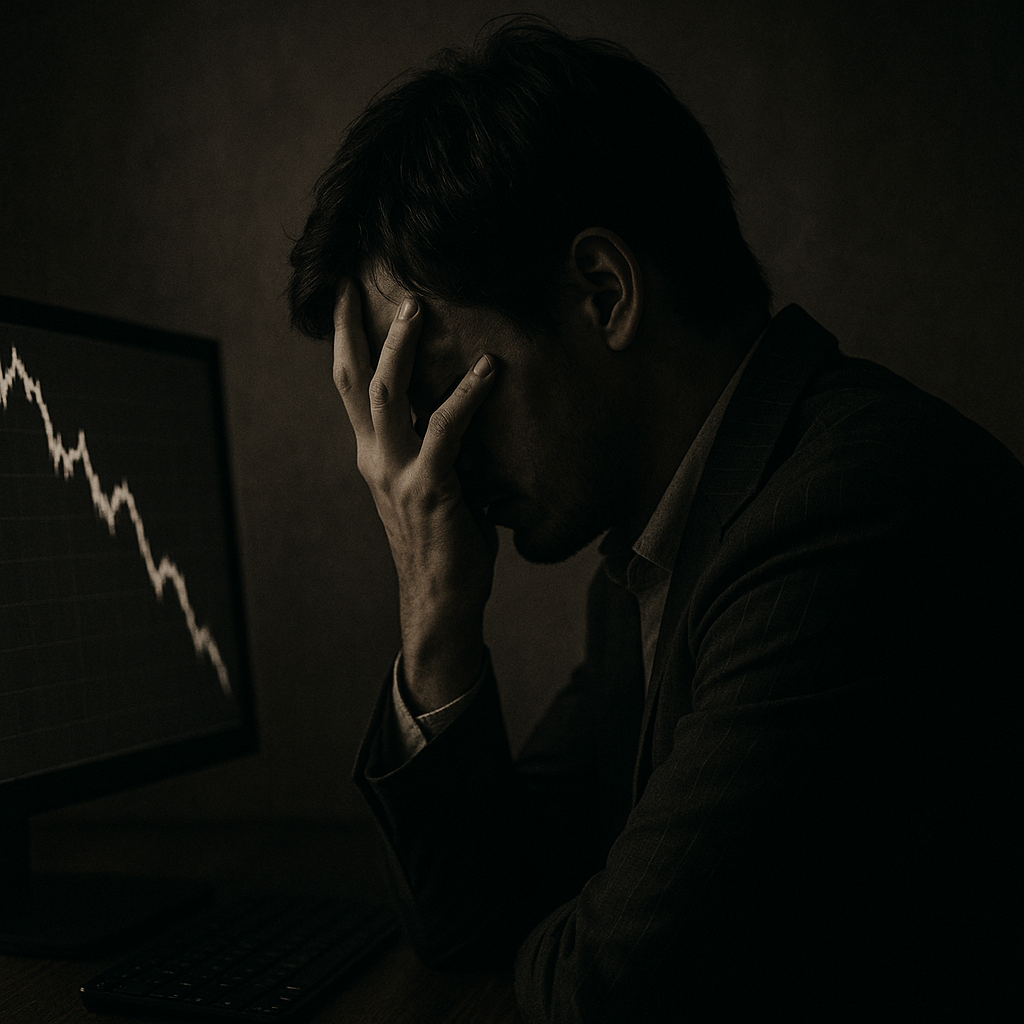 A defeated FX trader sitting alone in a dark room after bankruptcy