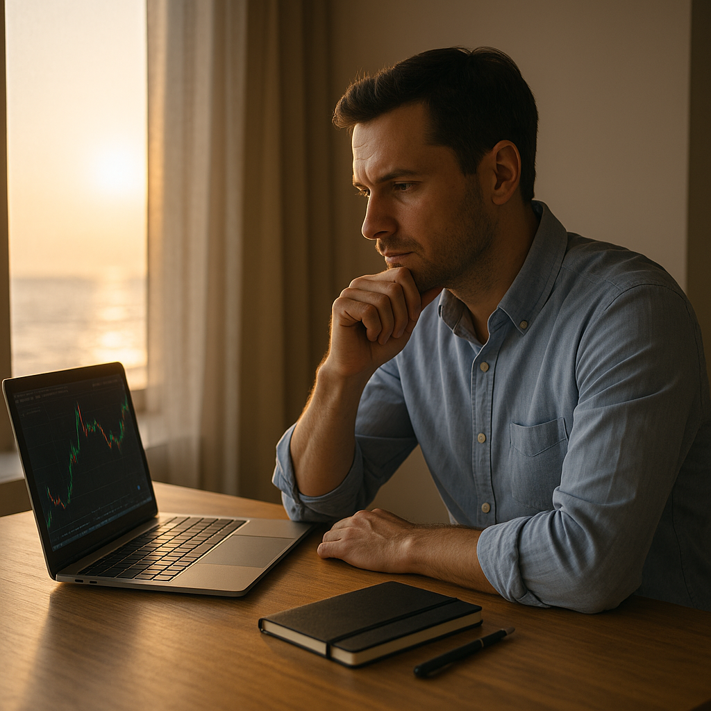 An FX trader standing by the window looking out with quiet confidence