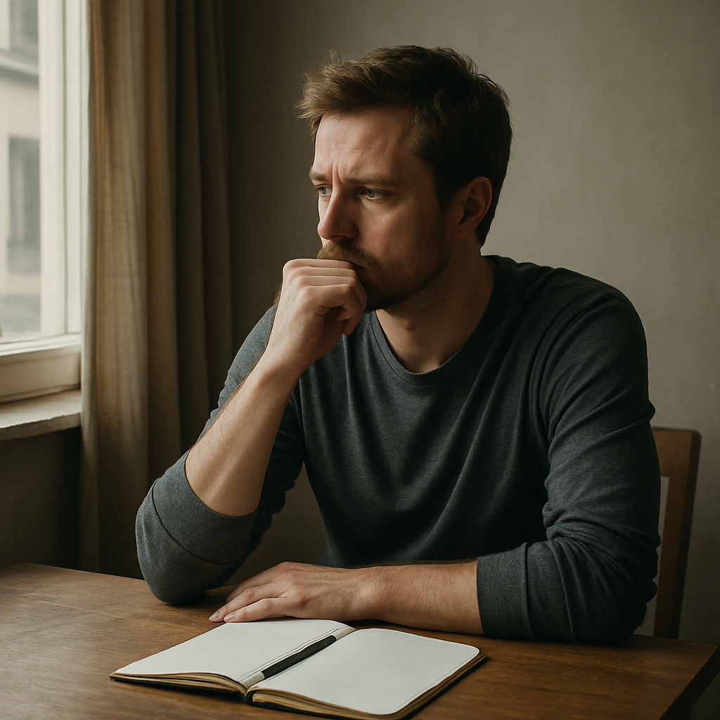 A light-skinned male FX trader in his early 30s looking calm and reflective