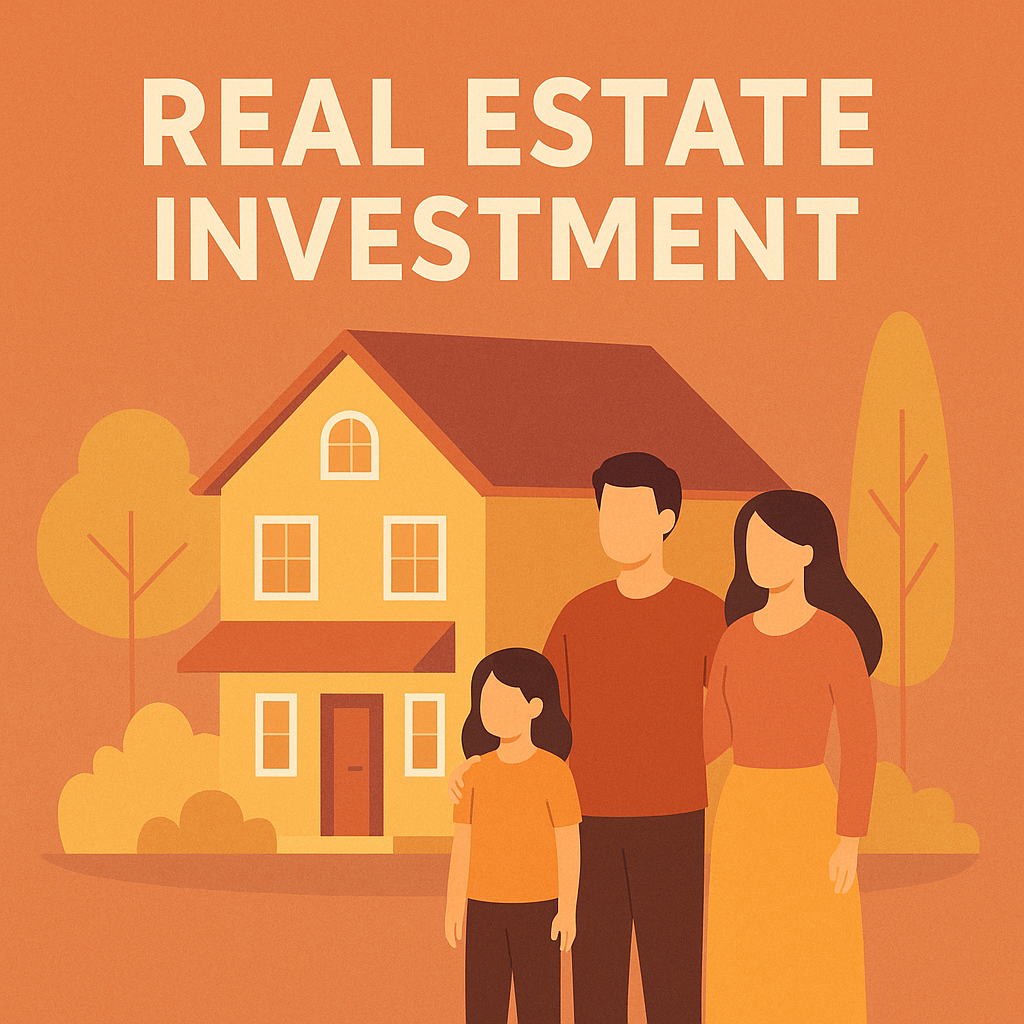 A flat-style illustration showing a family in front of a home, representing real estate investment, financial growth, and property ownership
