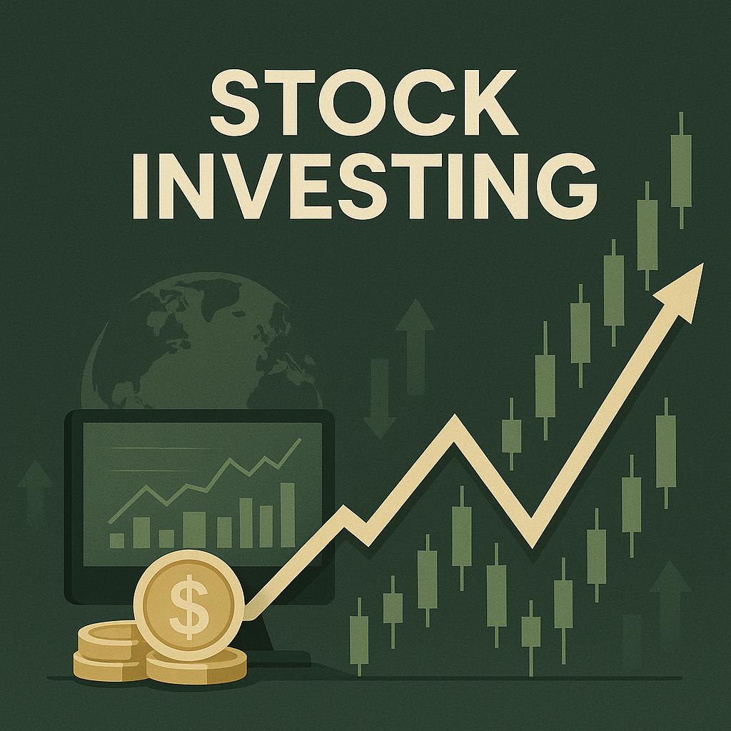 A matte-style digital illustration showing stock investing with charts, rising bars, and clean modern visuals to reflect strategic equity growth