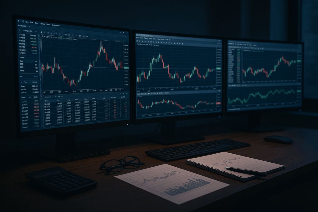 A multi-monitor trading setup showing MT4 charts on the XM platform