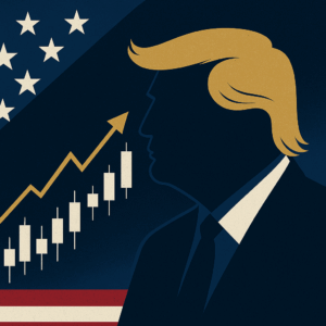 Abstract illustration representing the impact of Donald Trump’s visit to Japan on the stock market, featuring a navy blue U.S. flag motif and rising candlestick chart.