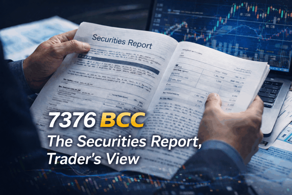 Trader reading the securities report of 7376 BCC with market charts on screen