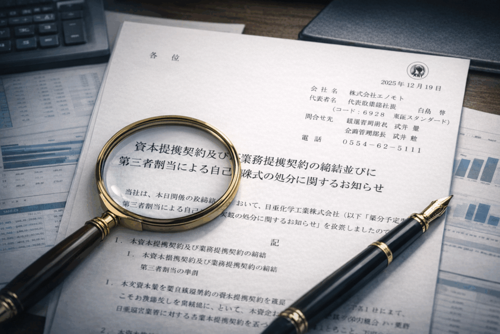 Enomoto Corporation 6928 announces capital and business alliance with Nichia including third party share disposal on December 19 2025