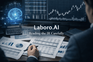 Analyst reviewing Laboro.AI investor relations documents with financial data, stock chart, and AI visualization on a professional desk environment