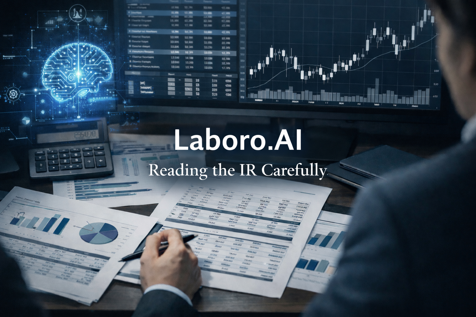 Analyst reviewing Laboro.AI investor relations documents with financial data, stock chart, and AI visualization on a professional desk environment