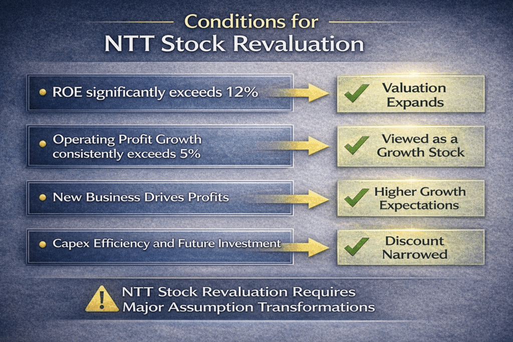 Flowchart showing the financial conditions required for NTT stock (9432) revaluation, including ROE improvement, profit growth, and capital efficiency