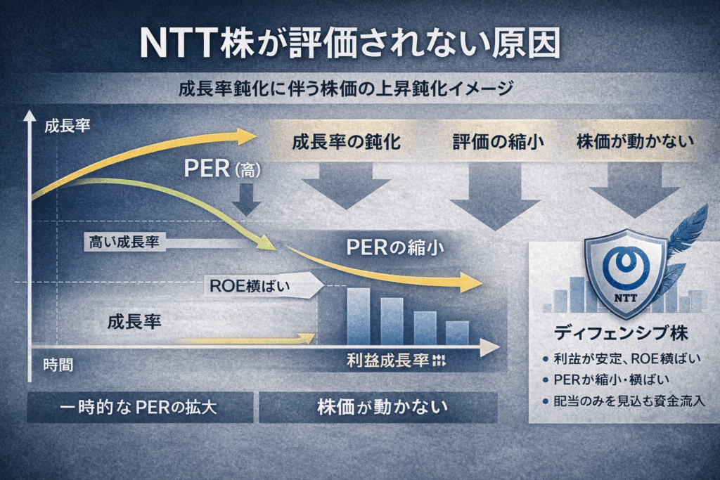 Diagram showing why NTT stock valuation remains flat based on ROE, profit growth, and market capital structure