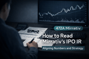 Post-IPO earnings analysis workspace for 472A Mirrativ, reviewing IPO IR documents and stock price fundamentals on a professional desk