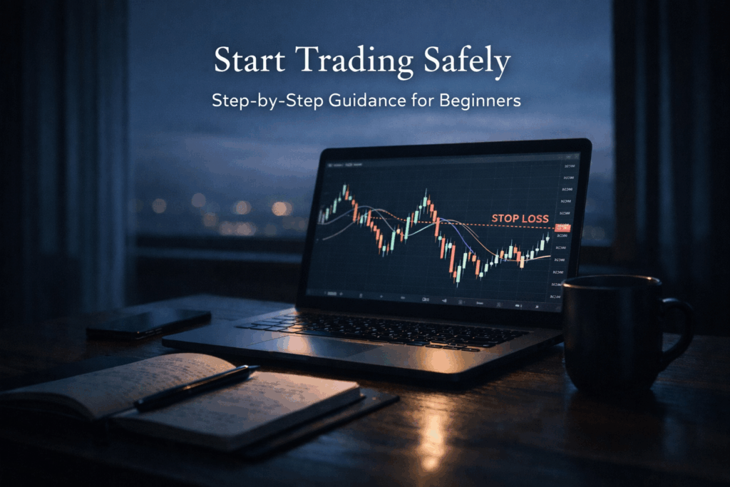 Beginner-friendly FX trading setup showing a calm chart environment focused on risk control and learning