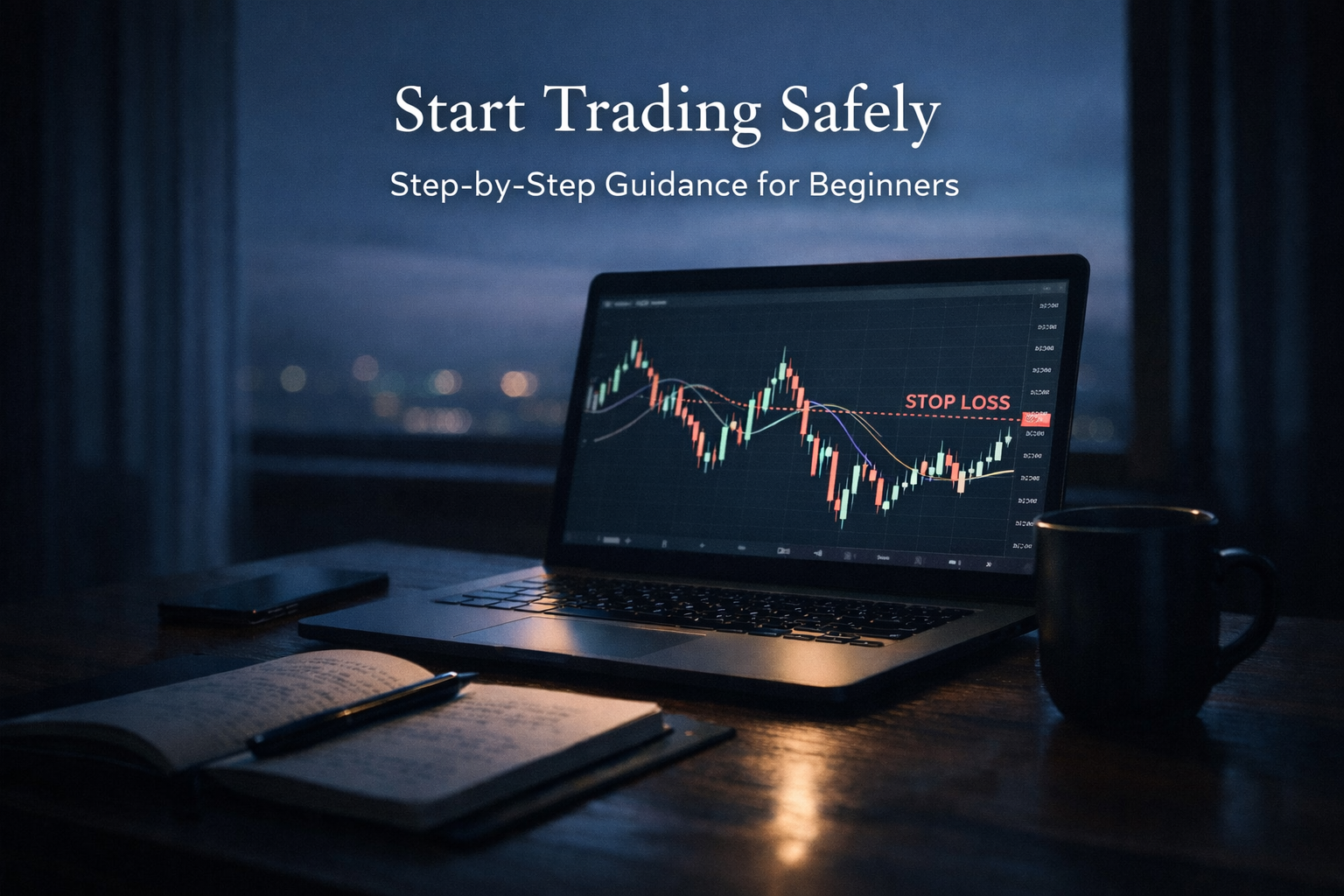 Beginner-friendly FX trading setup showing a calm chart environment focused on risk control and learning