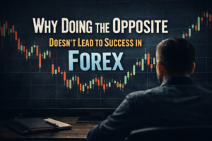 A professional forex trader analyzing a candlestick chart, illustrating why doing the opposite of losing traders does not guarantee success in forex.