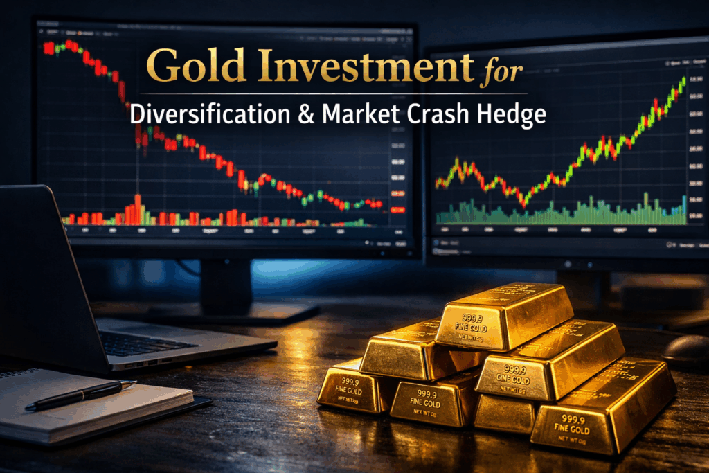 Trading desk monitor showing gold price rising while stock market falls, illustrating gold ETF as a portfolio hedge and diversification asset
