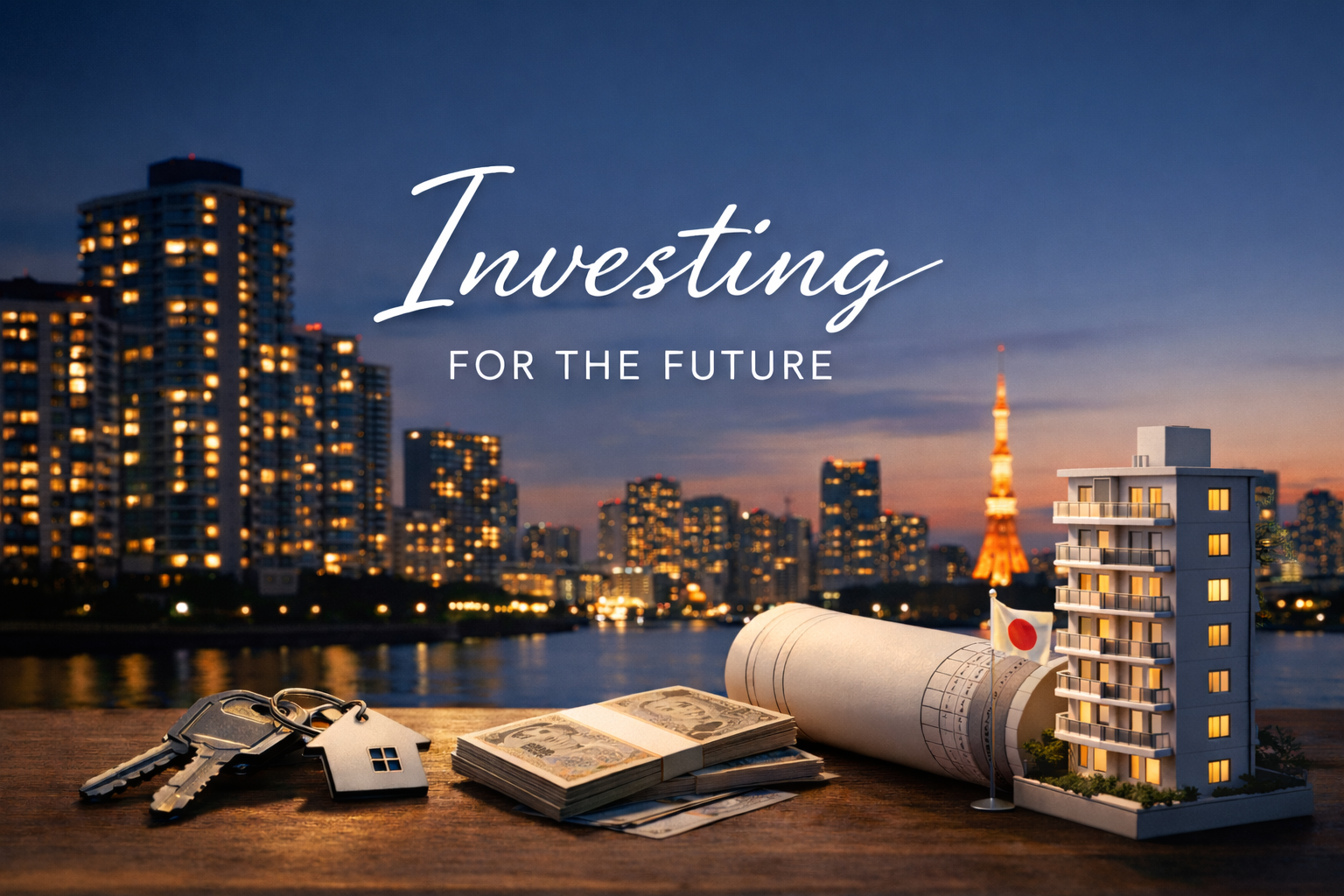 Japanese apartment real estate investment concept with Tokyo skyline, modern apartment building model, Japanese yen, and property keys at dusk