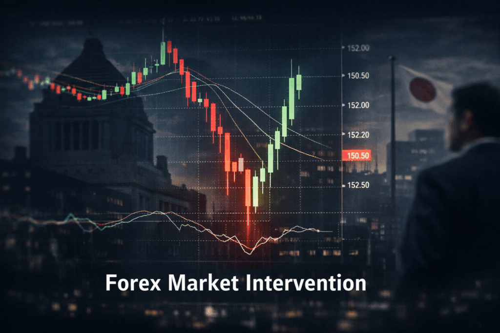 USD/JPY chart showing sharp price movement caused by government forex intervention and market reaction