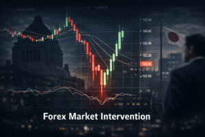 USD/JPY chart showing sharp price movement caused by government forex intervention and market reaction