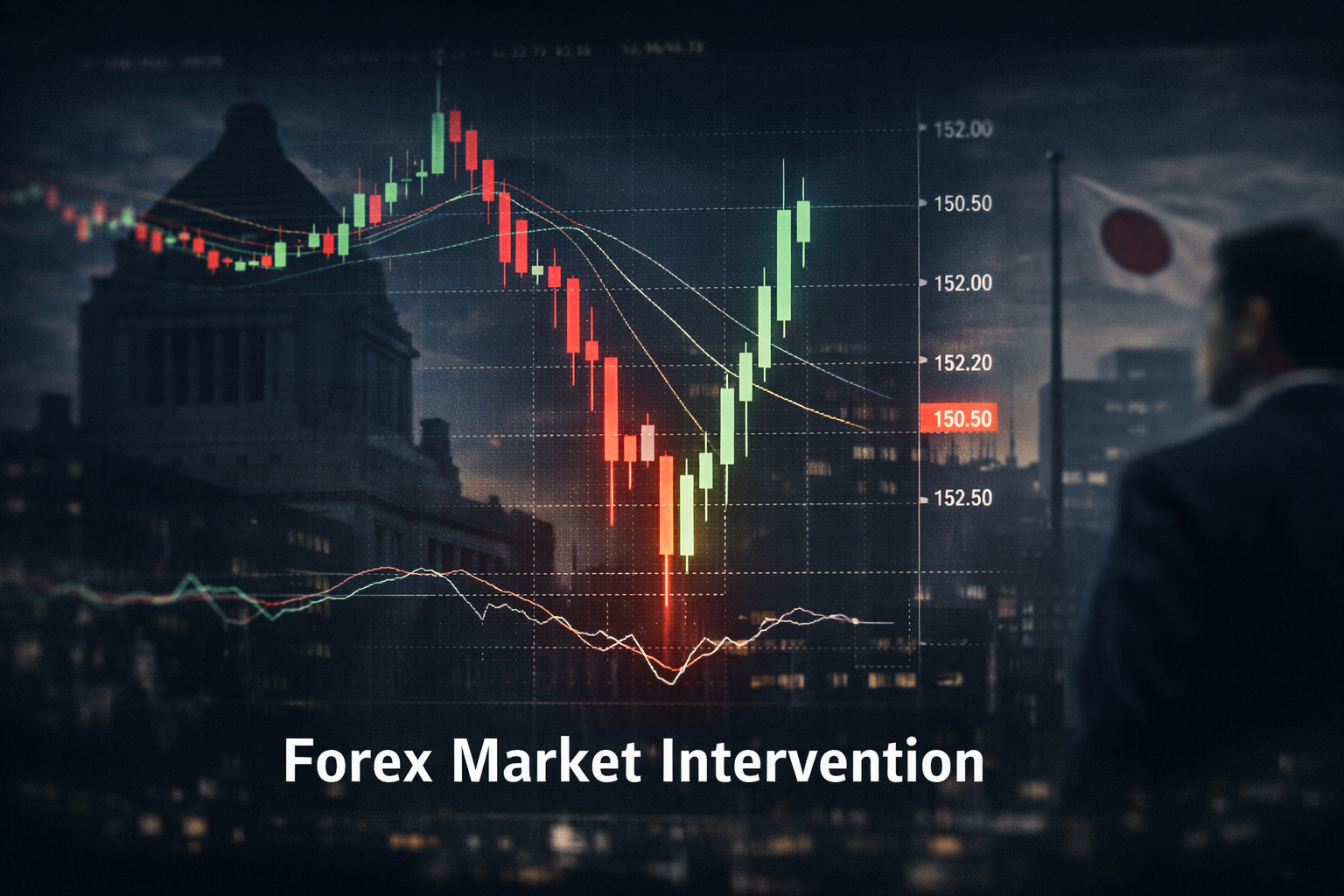 USD/JPY chart showing sharp price movement caused by government forex intervention and market reaction