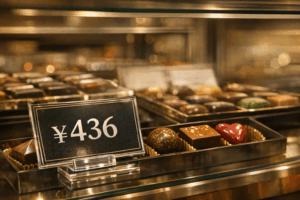 Premium chocolates displayed in a Japanese department store with a price tag of 436 yen per piece, symbolizing inflation and the shift from gift-giving to self-reward consumption