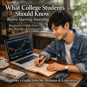 A college student analyzing stock market charts on a laptop and taking notes, representing beginner investing and learning how to start investing at a young age