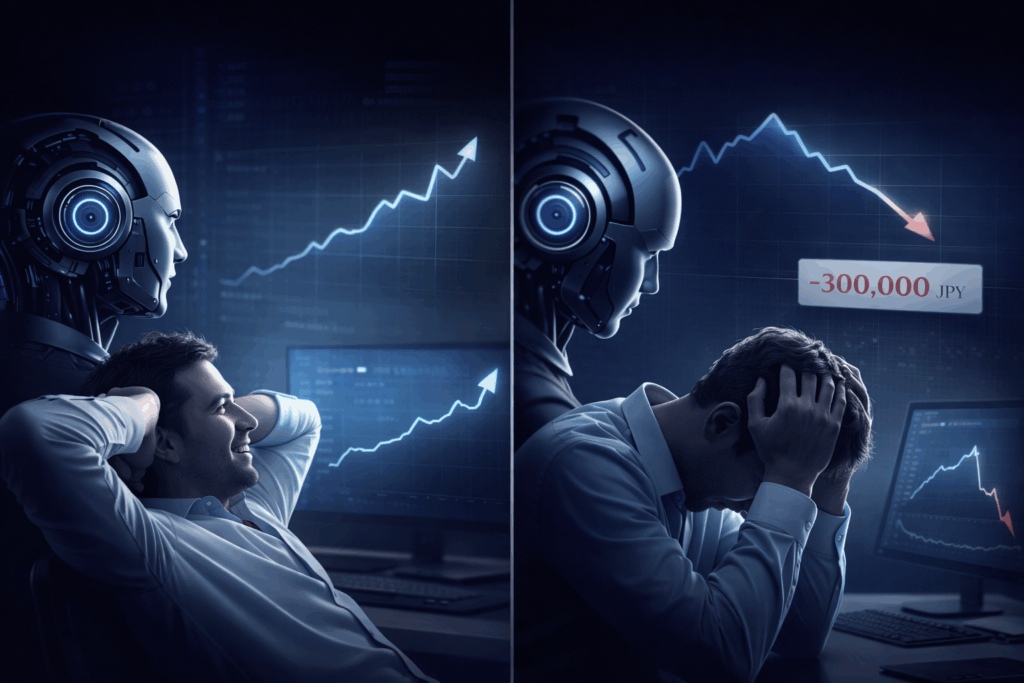 An illustration showing an AI managing forex auto trading, where an investor feels confident at first but later realizes significant losses despite high win rates