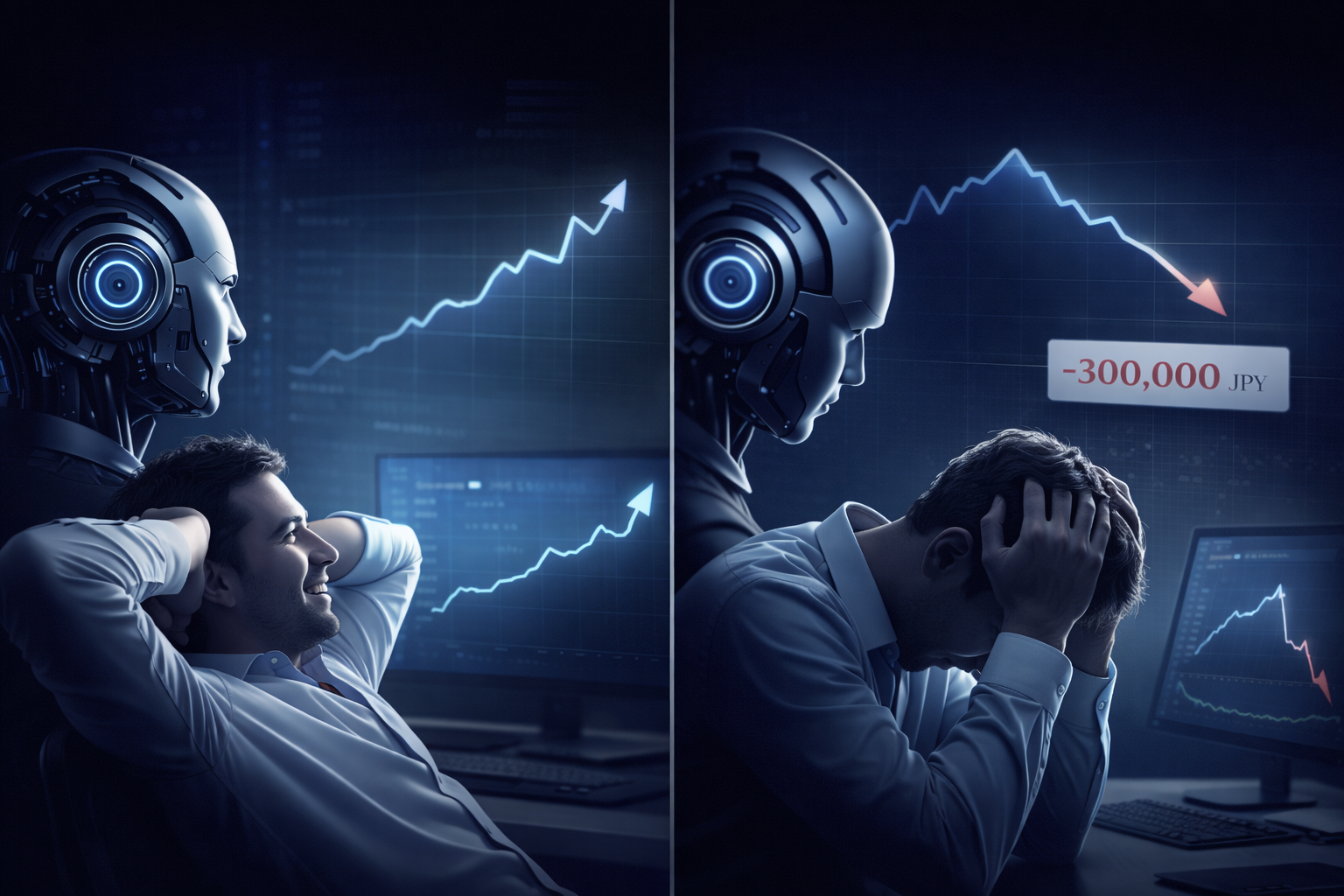 An illustration showing an AI managing forex auto trading, where an investor feels confident at first but later realizes significant losses despite high win rates
