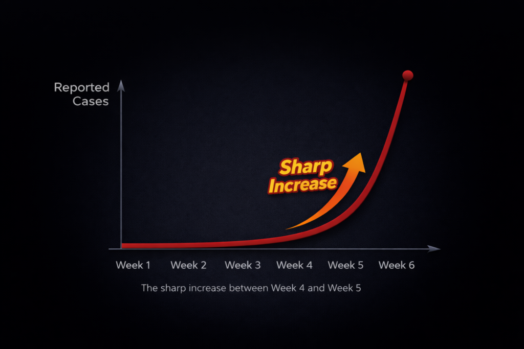 Line graph illustrating the exponential increase in reported influenza cases in Japan during 2026, highlighting the sharp rise between Week 4 and Week 5 based on Ministry of Health data.