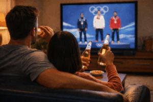 A couple watching the Milano Cortina Winter Olympics on TV while drinking beer at home