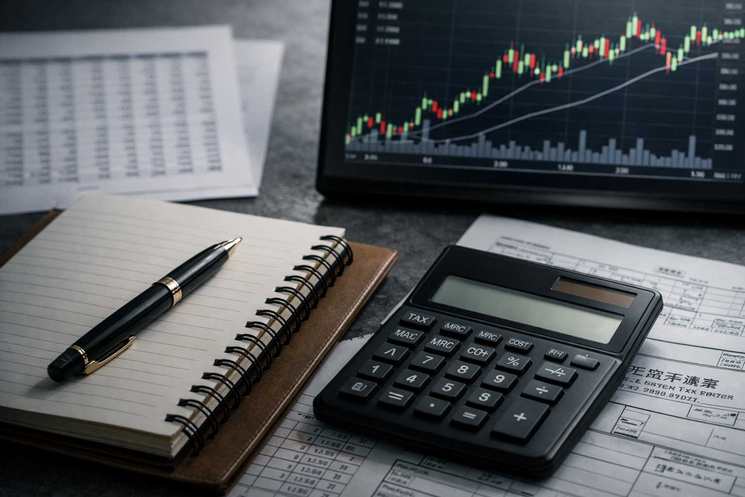 A calm financial workspace showing a notebook, calculator, tax documents, and a stock price chart used to analyze tax saving strategies in stock investment